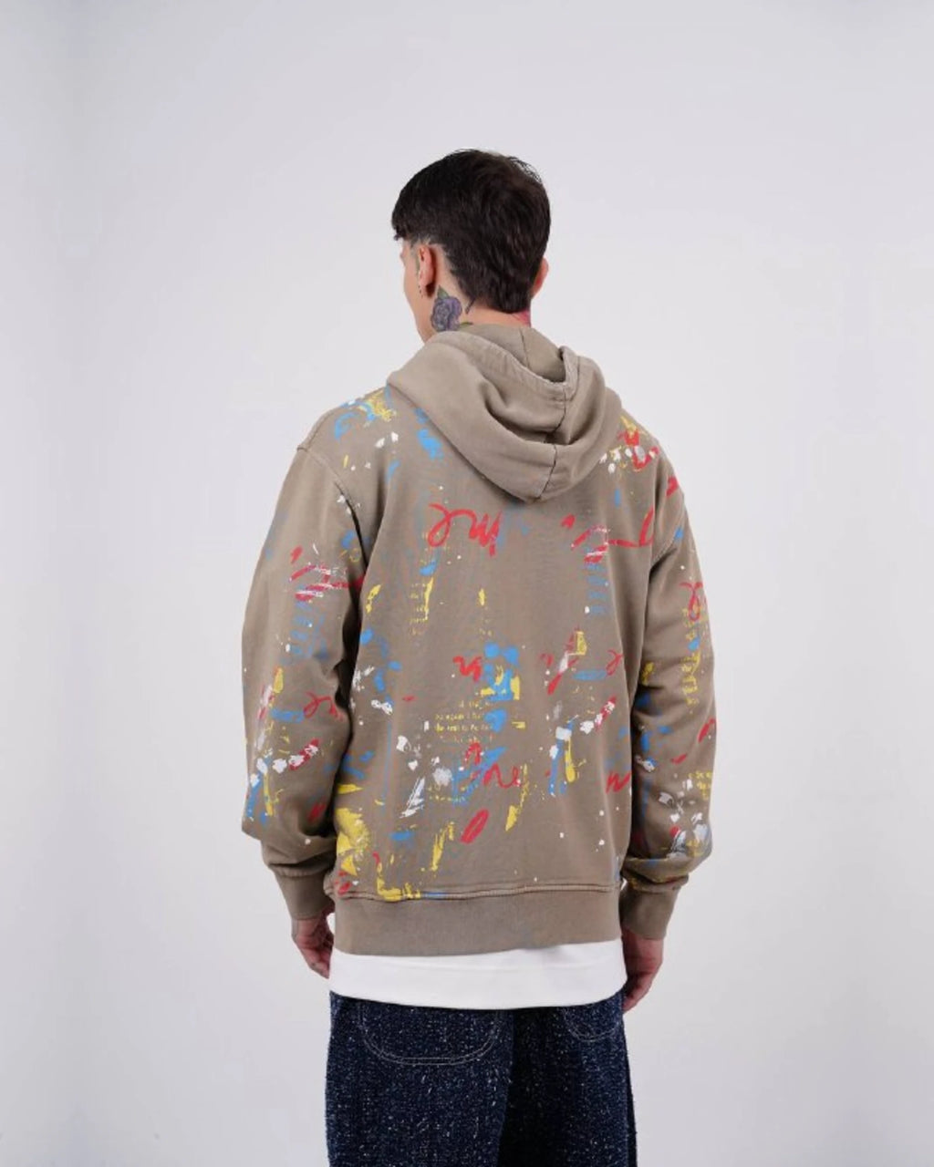 Paint Splatter Zip-Up Hoodie in Tan