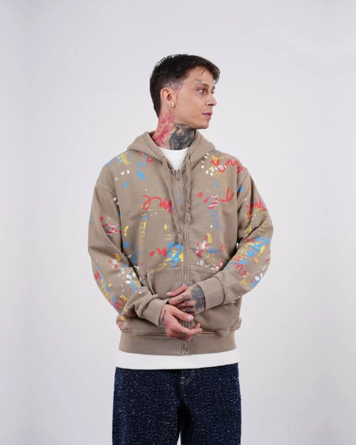 Paint Splatter Zip-Up Hoodie in Tan