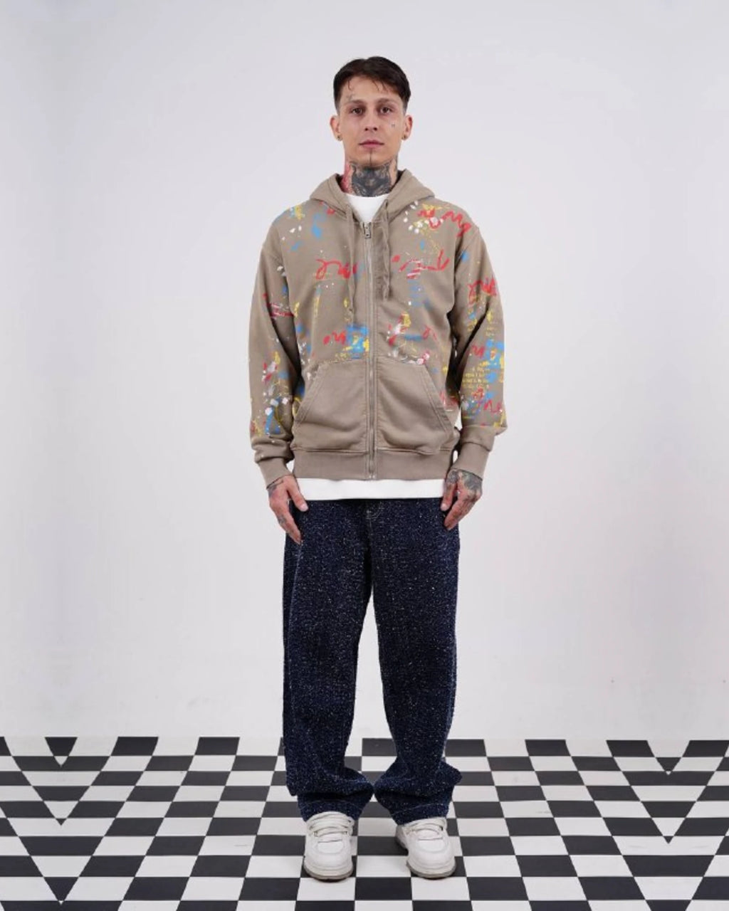 Paint Splatter Zip-Up Hoodie in Tan