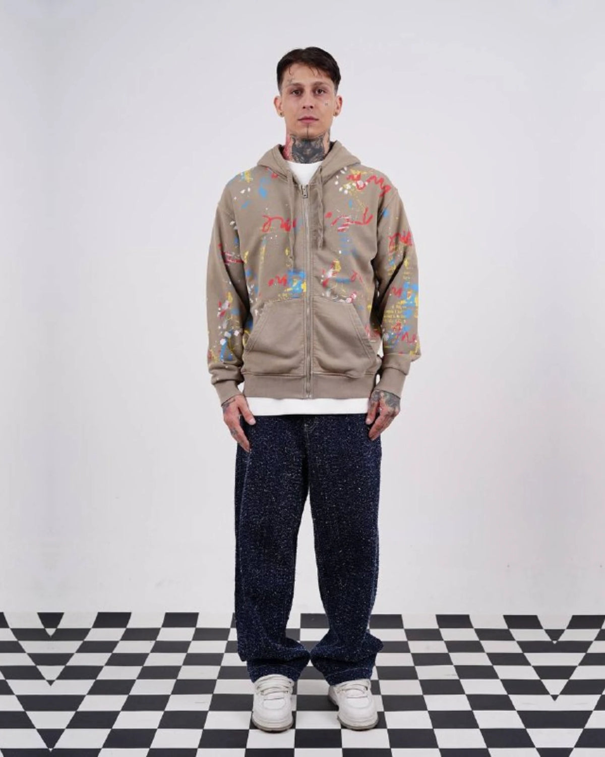 Paint Splatter Zip-Up Hoodie in Tan