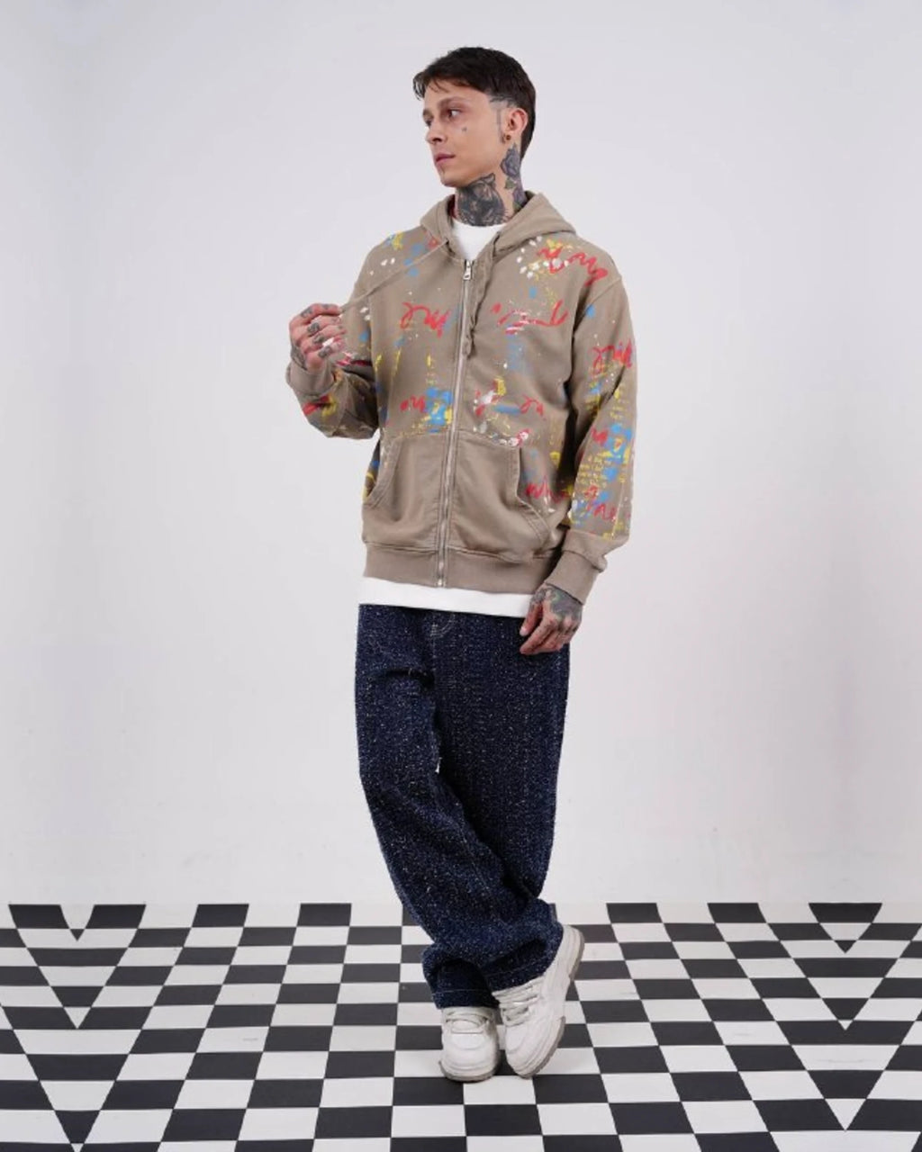 Paint Splatter Zip-Up Hoodie in Tan