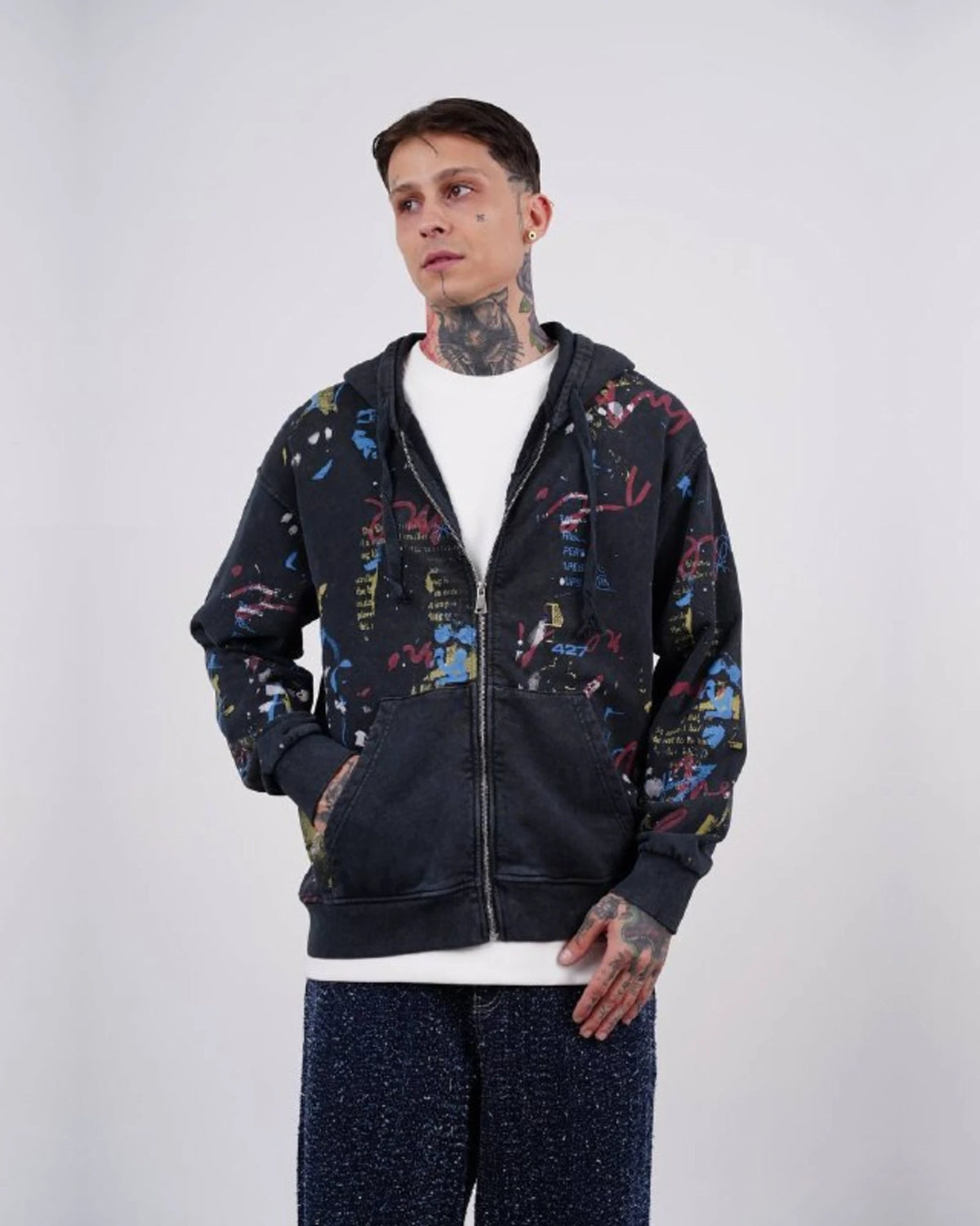 Paint Splatter Zip-Up Hoodie in Black