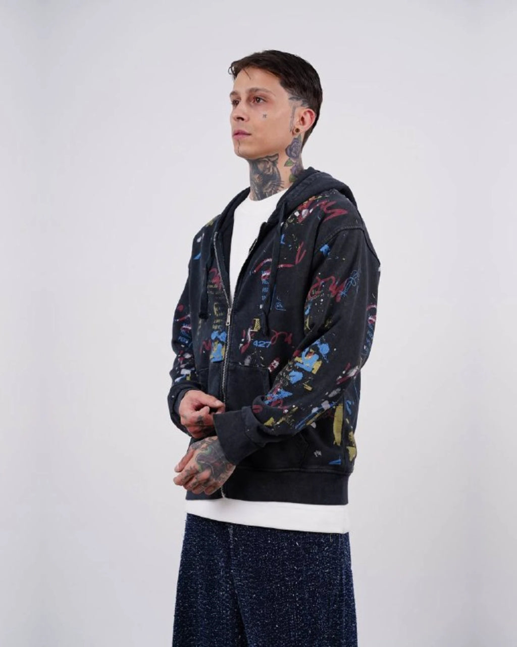 Paint Splatter Zip-Up Hoodie in Black