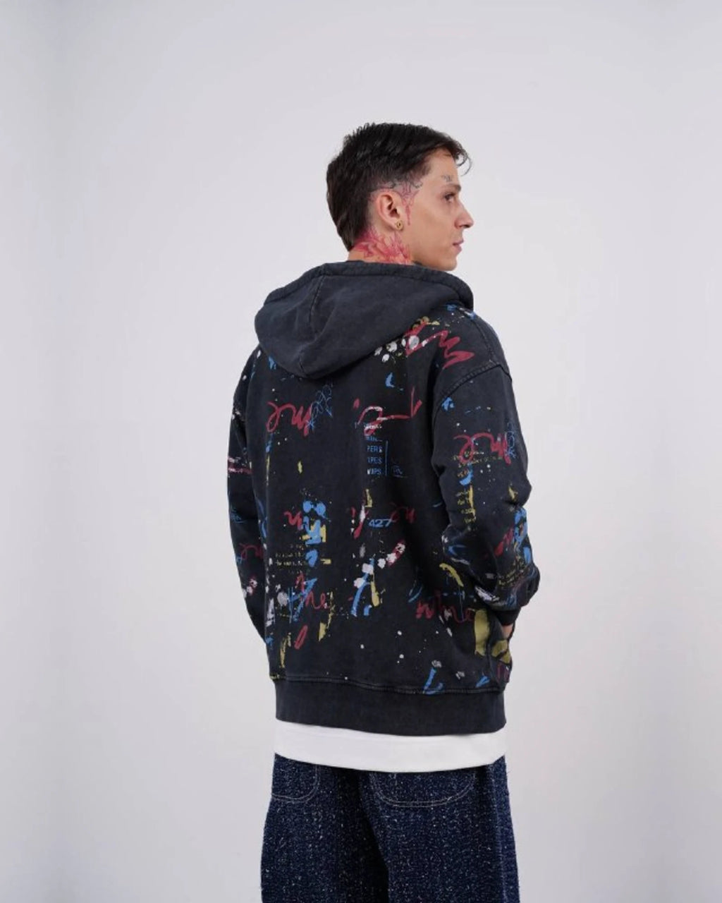 Paint Splatter Zip-Up Hoodie in Black