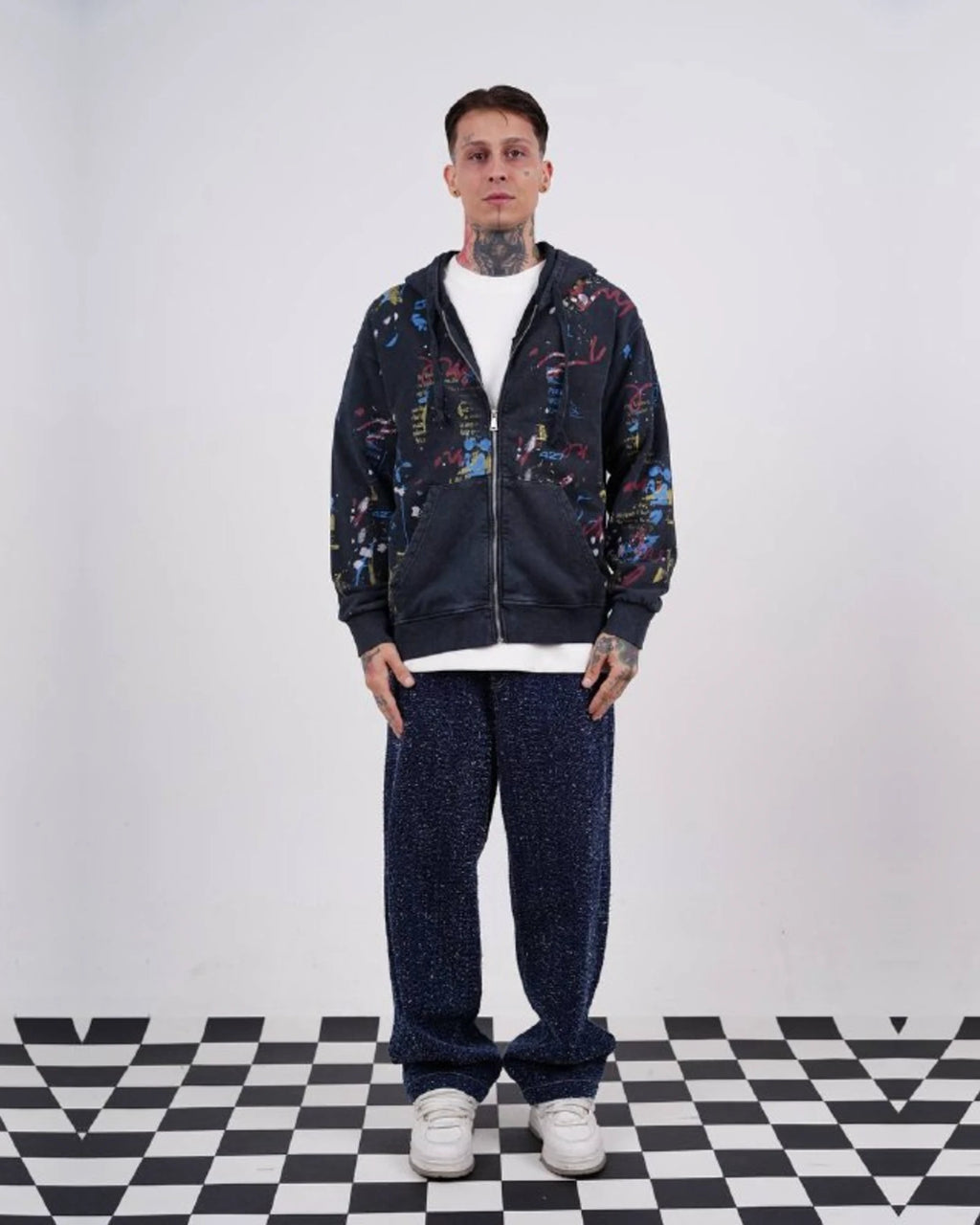 Paint Splatter Zip-Up Hoodie in Black