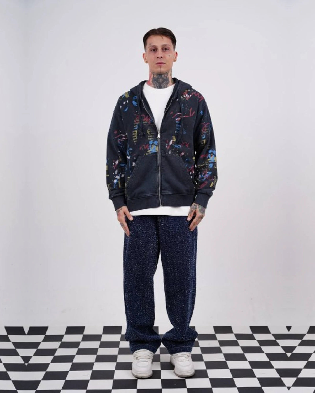Paint Splatter Zip-Up Hoodie in Black