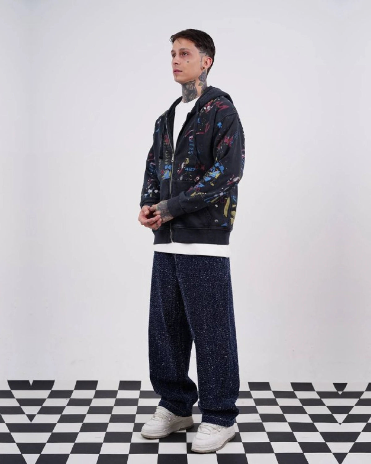 Paint Splatter Zip-Up Hoodie in Black