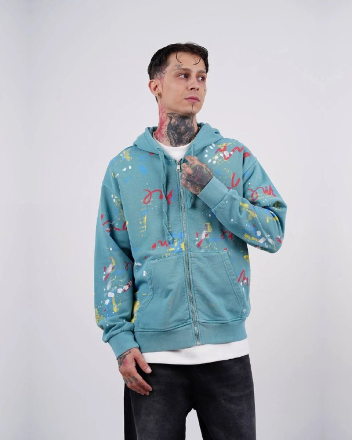 Paint Splatter Zip-Up Hoodie in Aqua