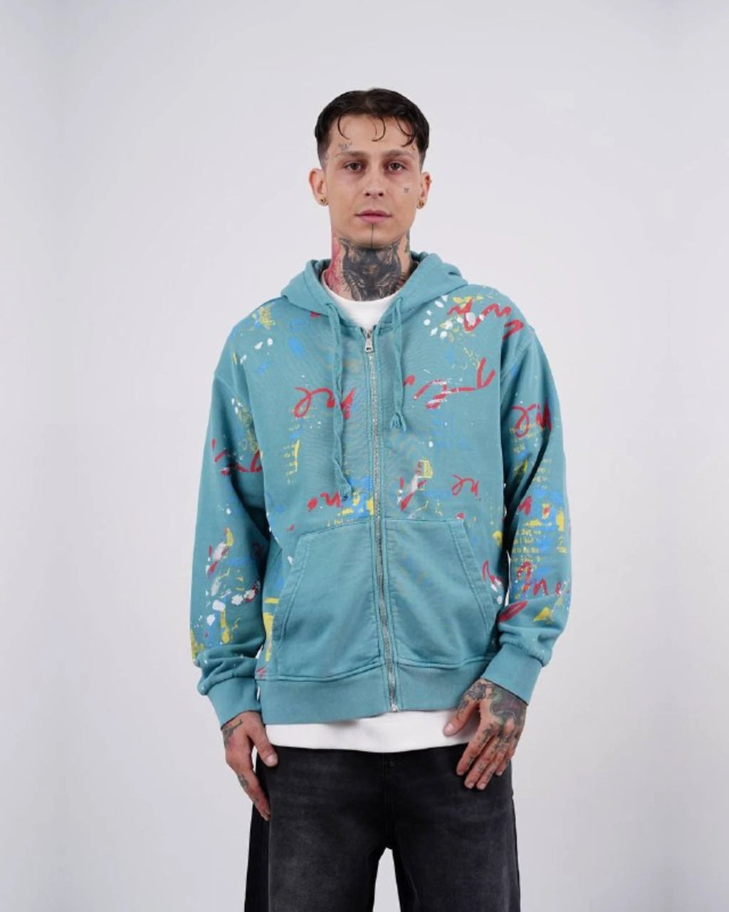 Paint Splatter Zip-Up Hoodie in Aqua