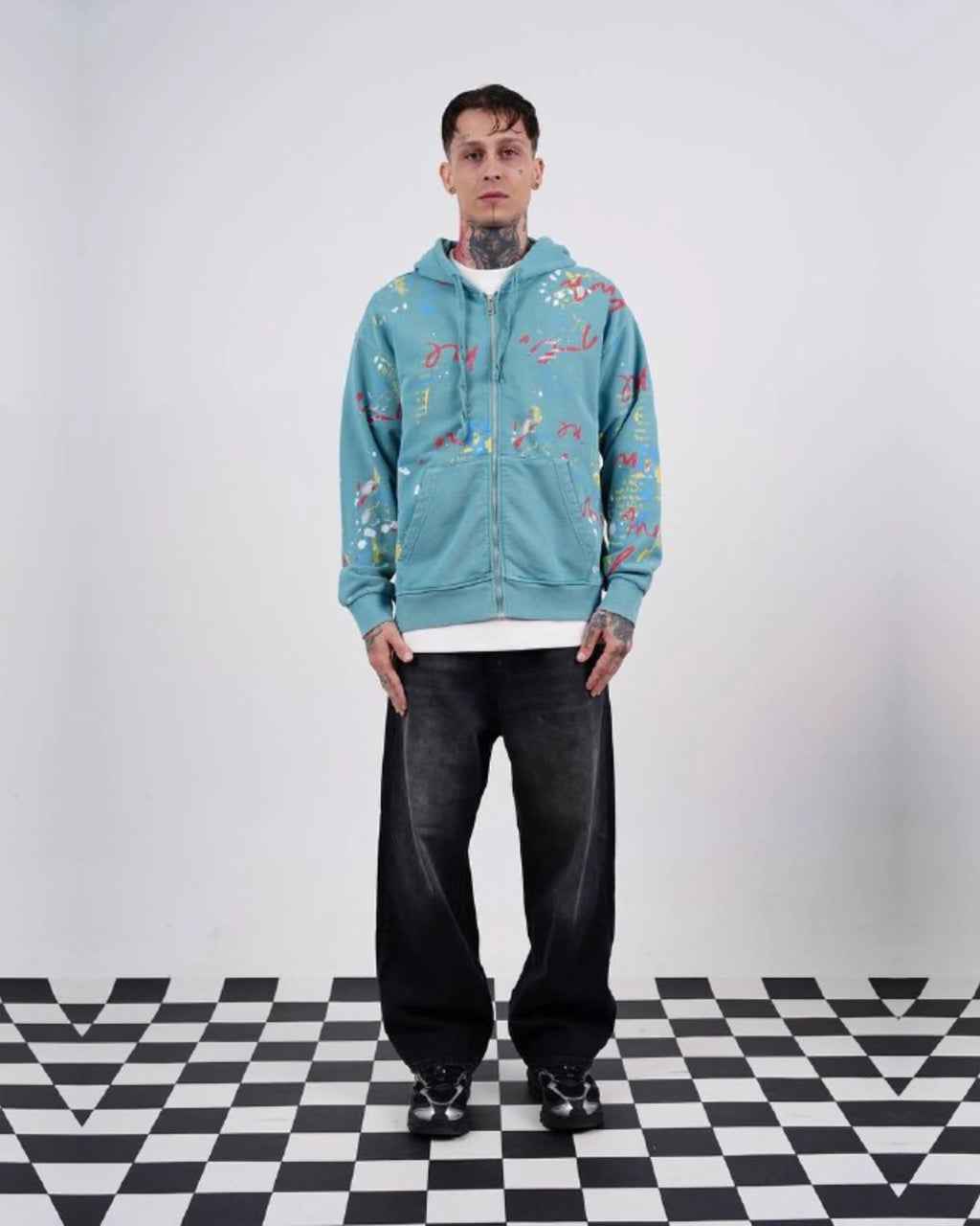 Paint Splatter Zip-Up Hoodie in Aqua