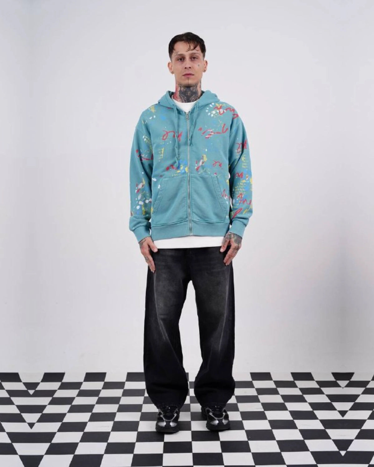 Paint Splatter Zip-Up Hoodie in Aqua