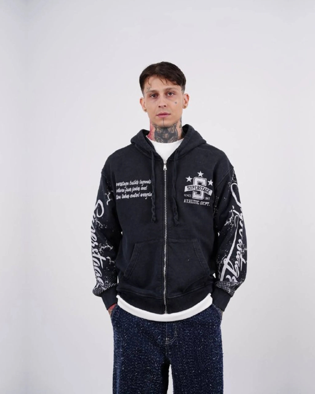 Superstage Athletic Script Zip-Up Hoodie in Navy