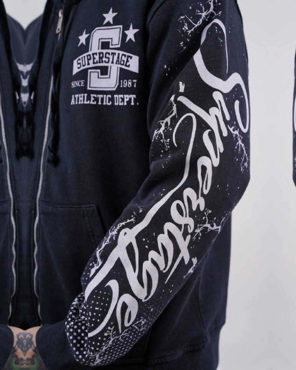 Superstage Athletic Script Zip-Up Hoodie in Navy