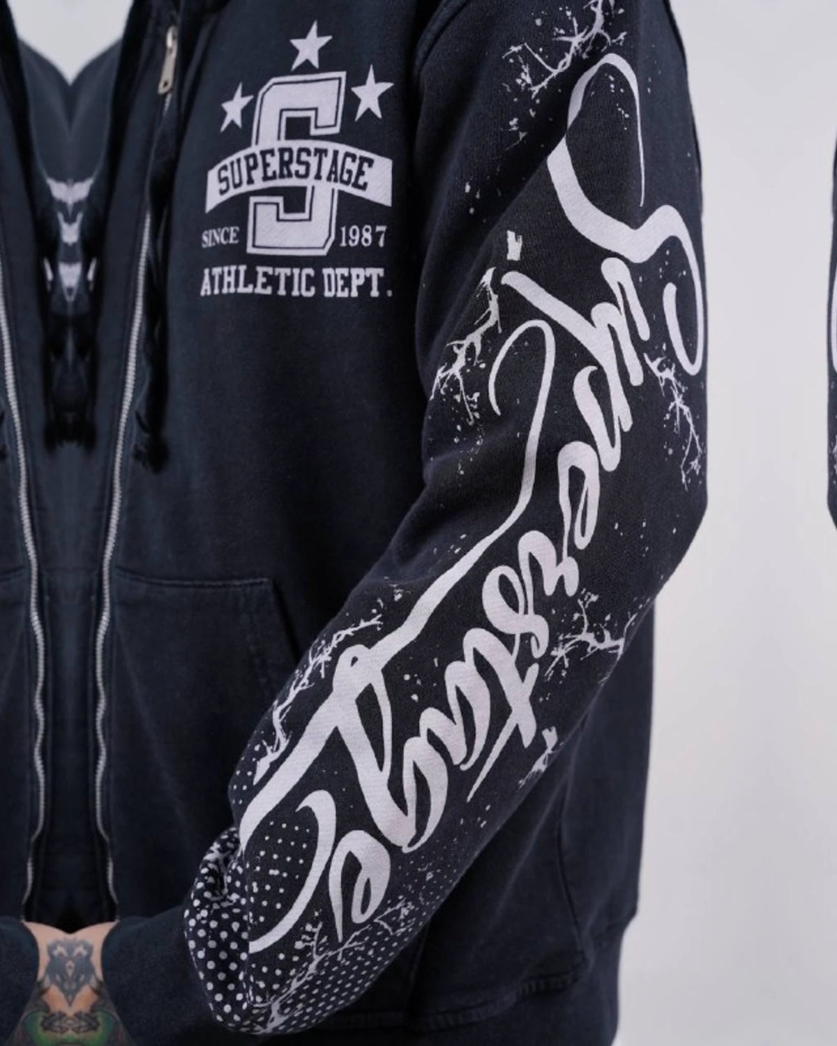 Superstage Athletic Script Zip-Up Hoodie in Navy