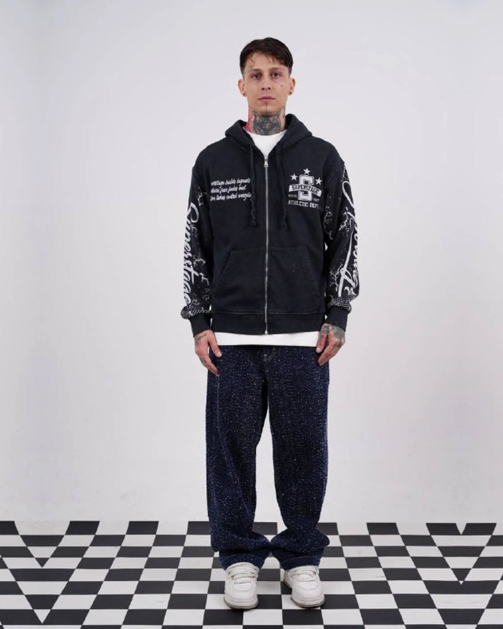 Superstage Athletic Script Zip-Up Hoodie in Navy