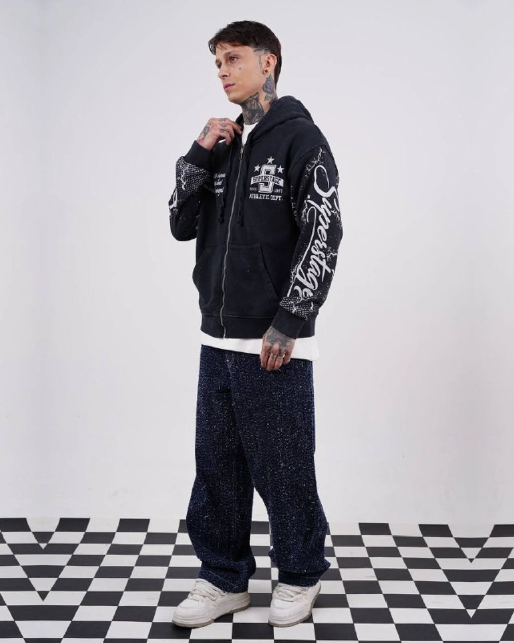 Superstage Athletic Script Zip-Up Hoodie in Navy