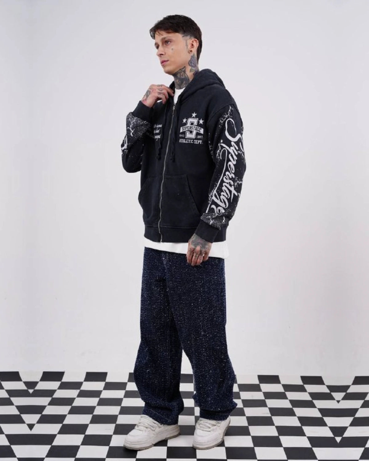 Superstage Athletic Script Zip-Up Hoodie in Navy