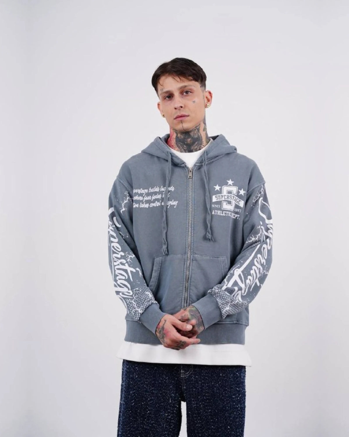 Superstage Athletic Script Zip-Up Hoodie in Blue Gray