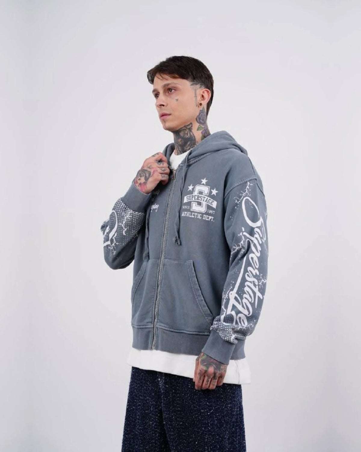 Superstage Athletic Script Zip-Up Hoodie in Blue Gray
