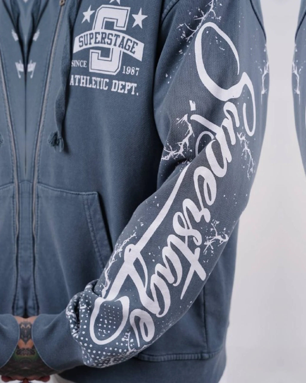 Superstage Athletic Script Zip-Up Hoodie in Blue Gray