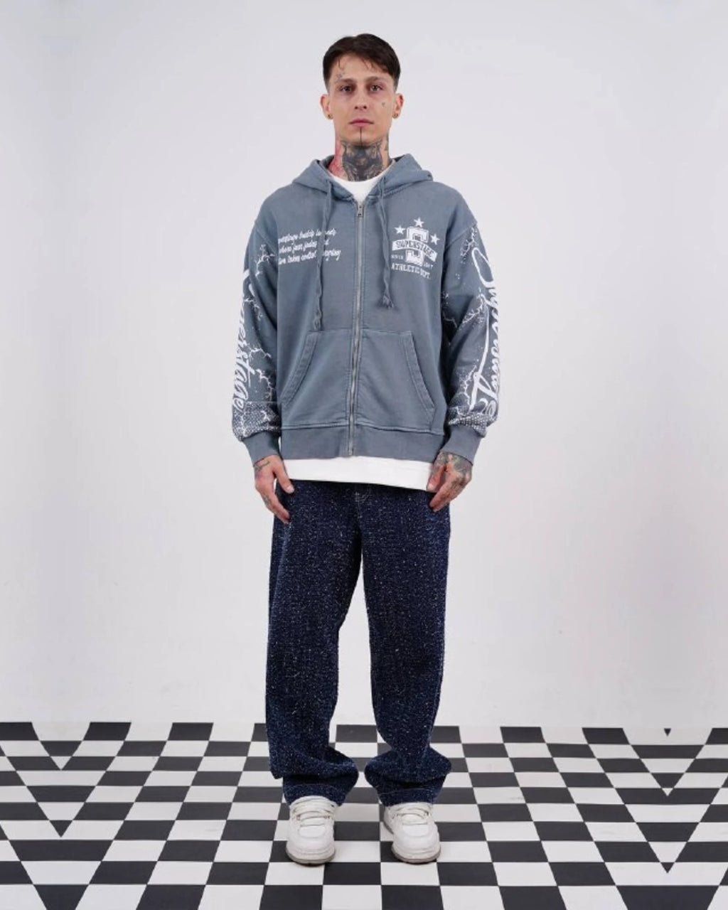 Superstage Athletic Script Zip-Up Hoodie in Blue Gray