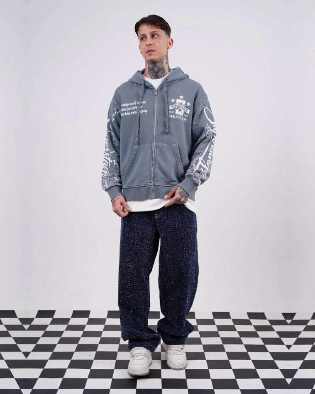 Superstage Athletic Script Zip-Up Hoodie in Blue Gray