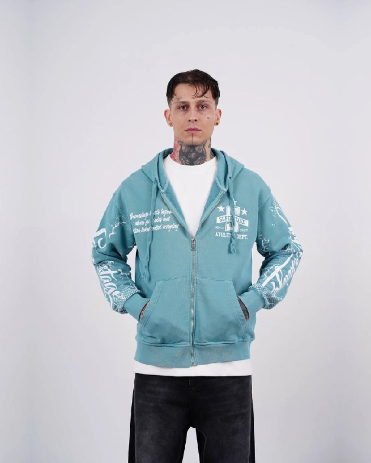Superstage Athletic Script Zip-Up Hoodie in Aqua