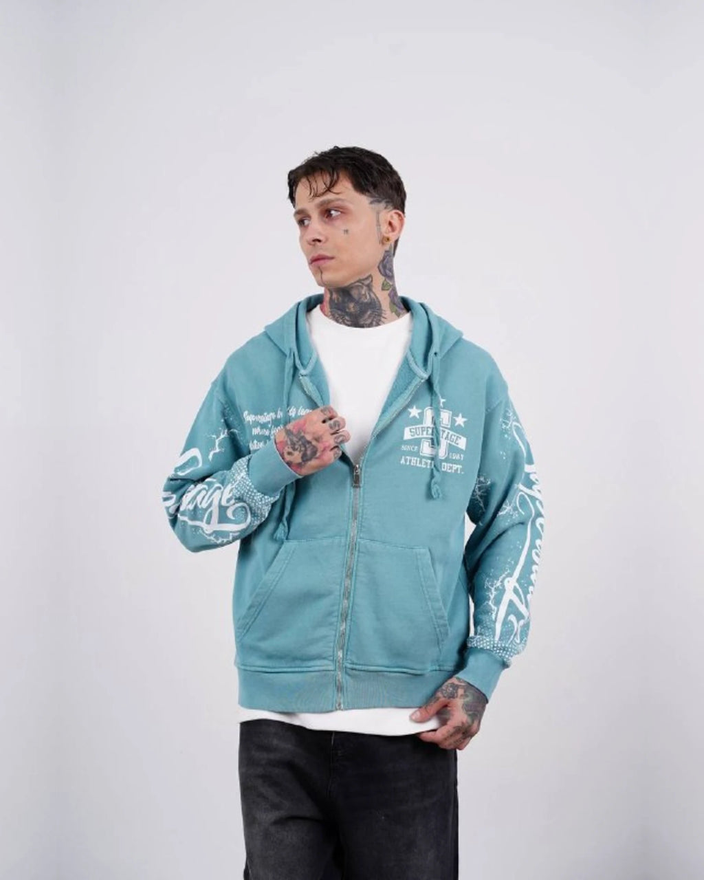 Superstage Athletic Script Zip-Up Hoodie in Aqua