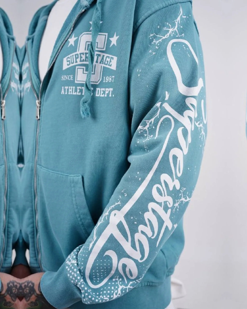 Superstage Athletic Script Zip-Up Hoodie in Aqua
