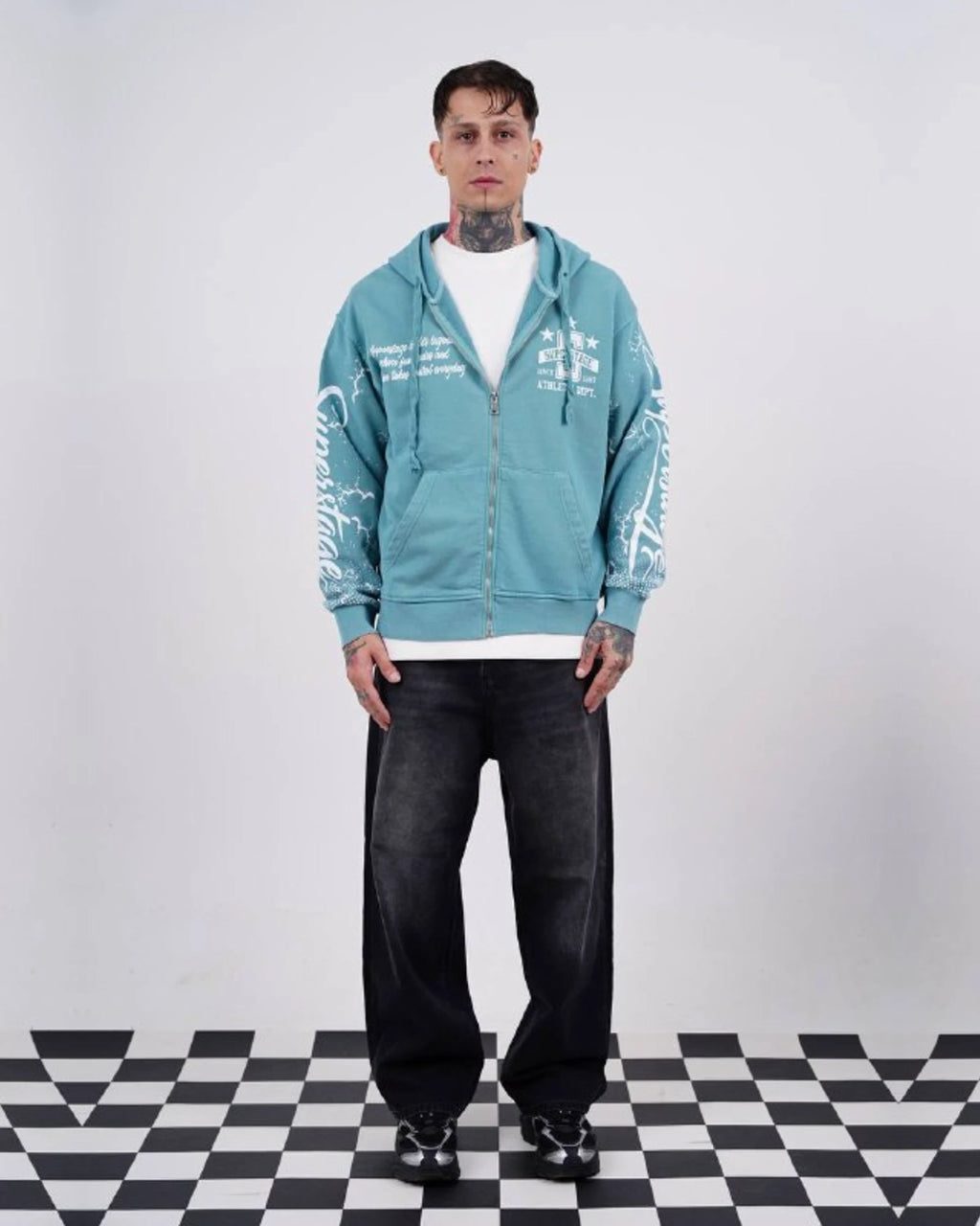 Superstage Athletic Script Zip-Up Hoodie in Aqua