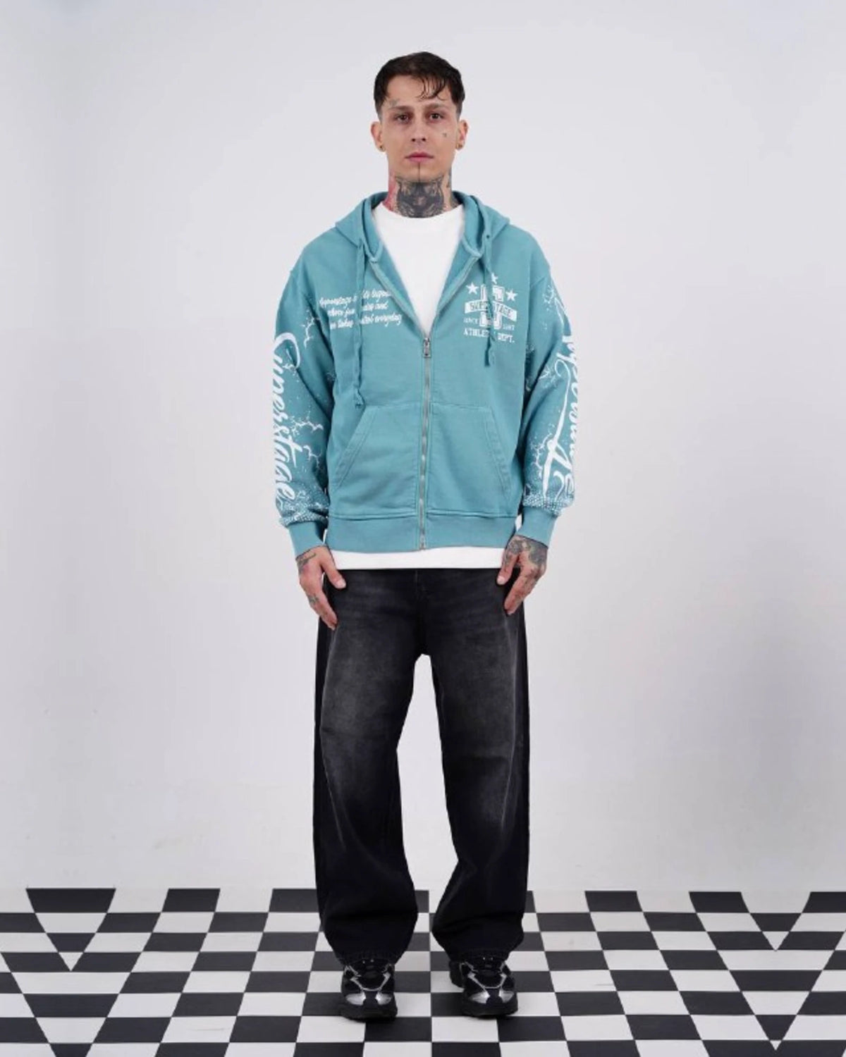 Superstage Athletic Script Zip-Up Hoodie in Aqua