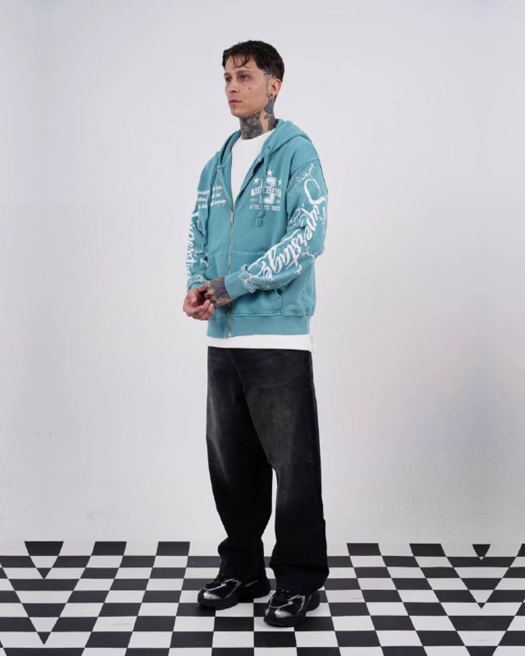 Superstage Athletic Script Zip-Up Hoodie in Aqua
