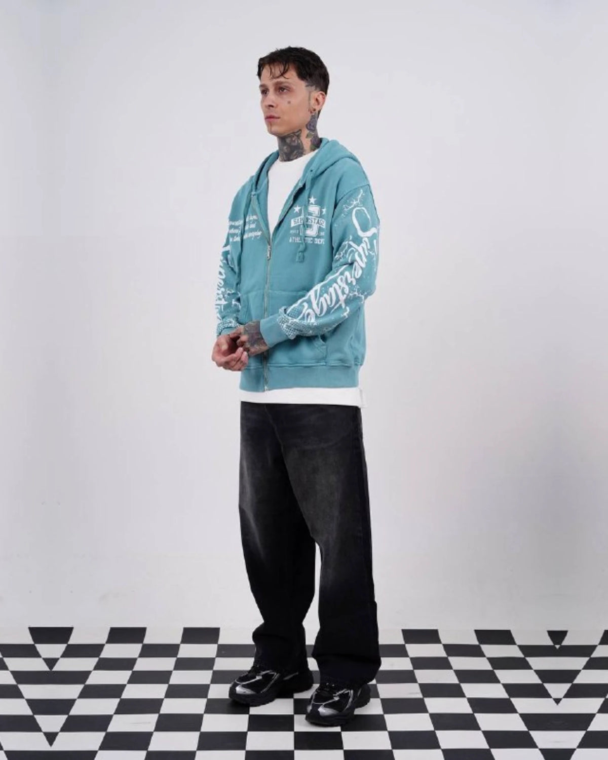 Superstage Athletic Script Zip-Up Hoodie in Aqua