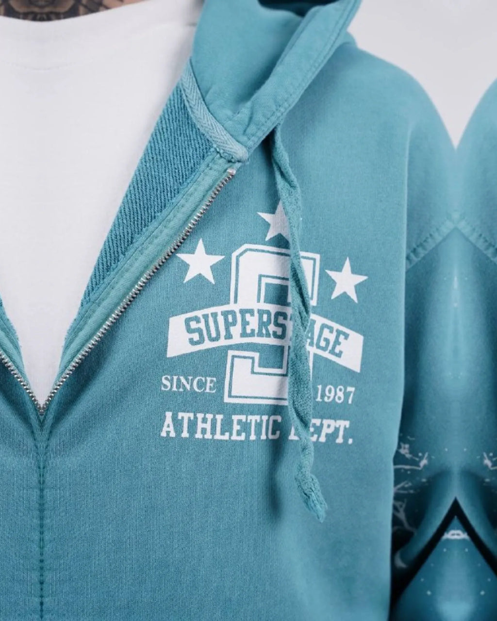 Superstage Athletic Script Zip-Up Hoodie in Aqua