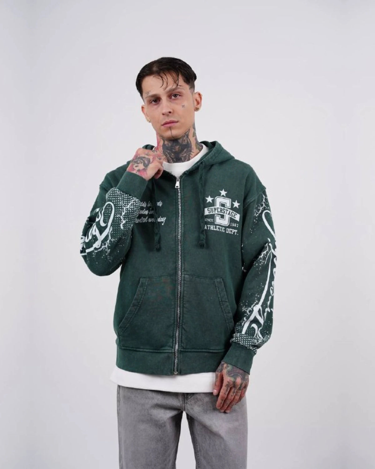 Superstage Athletic Script Zip-Up Hoodie in Green