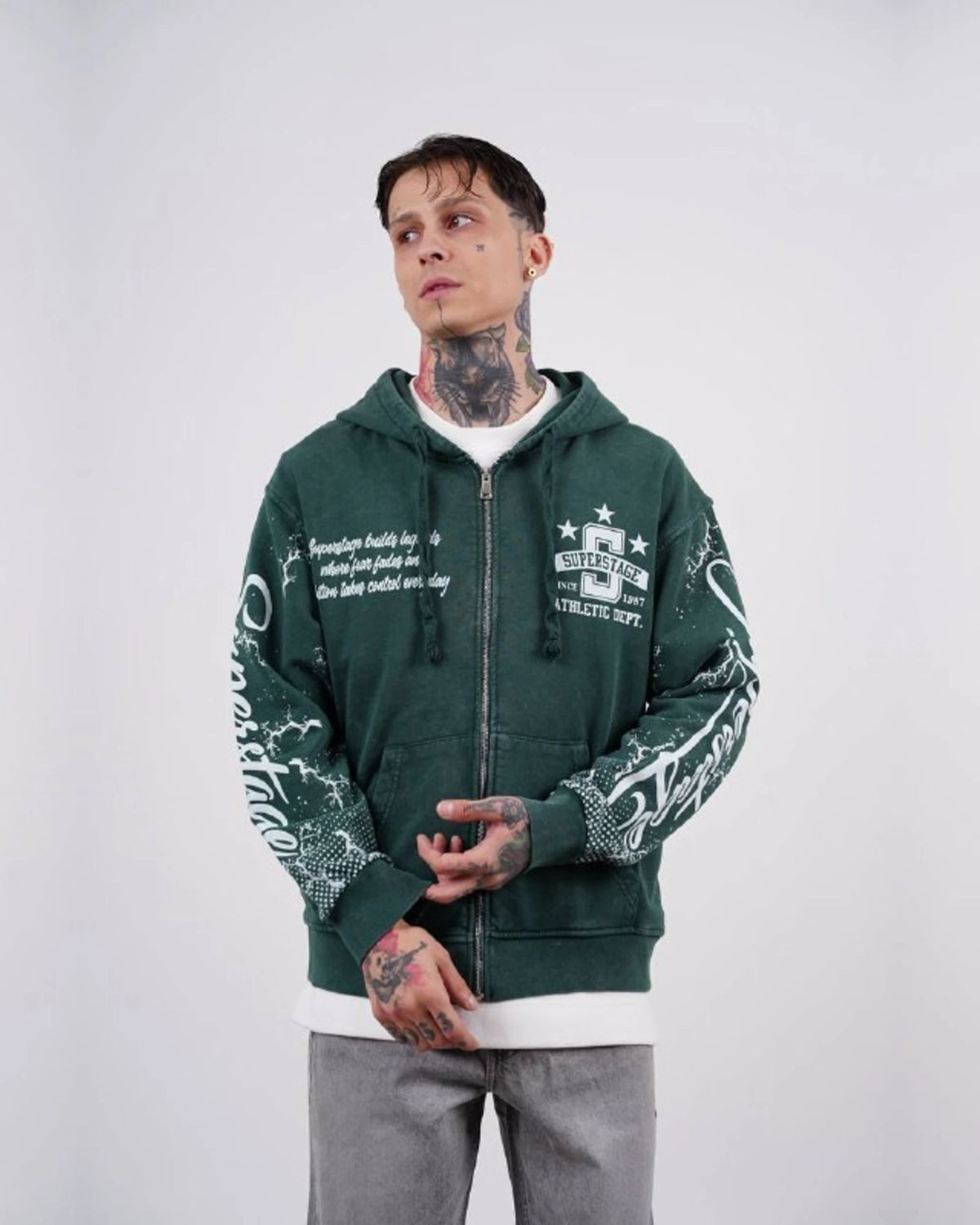 Superstage Athletic Script Zip-Up Hoodie in Green