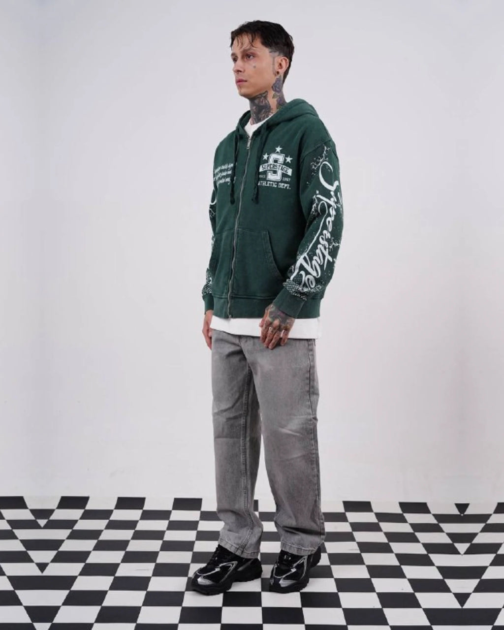 Superstage Athletic Script Zip-Up Hoodie in Green